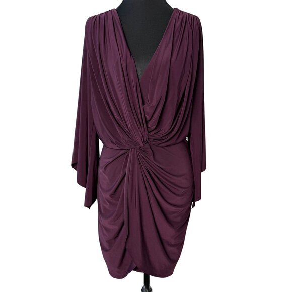 Misa Los Angeles Teget Twist Front Draped Mini Dress Bell Sleeves Plum Purple Si - Picture 1 of 11